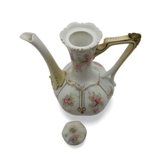 Antique RS PRUSSIA Porcelain Chocolate Pot Pink Floral & Gold Trim 8.6" - Picture 9 of 14